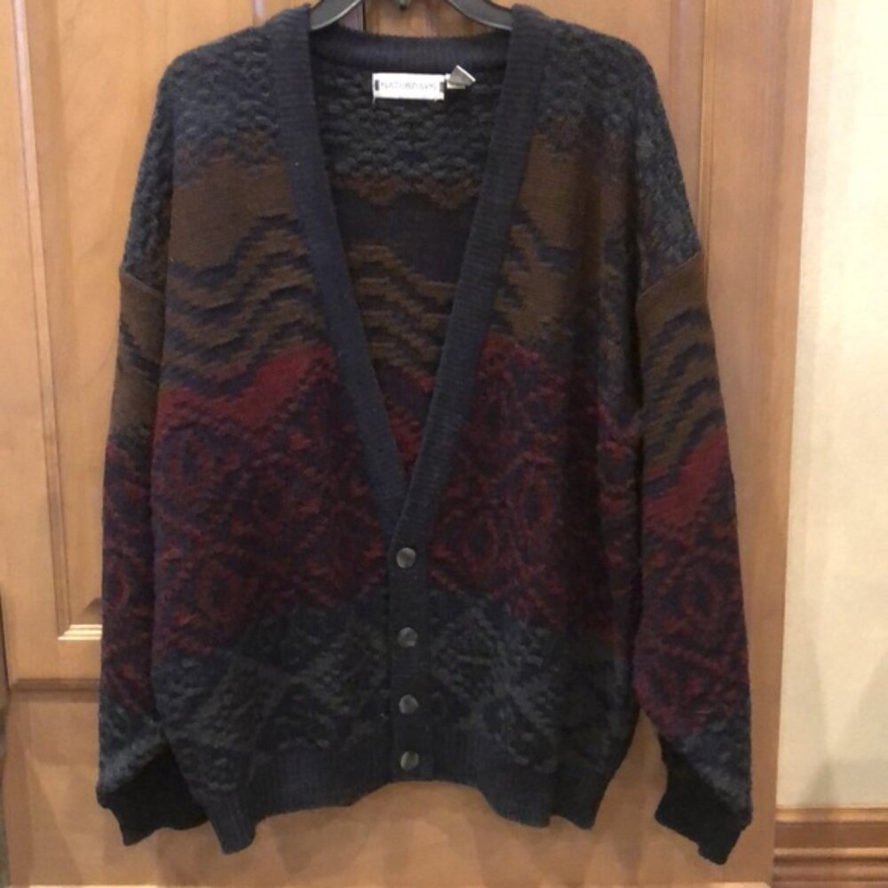Vintage oversized relaxed textured chunky v-neck knit grandpa cardigan sweater